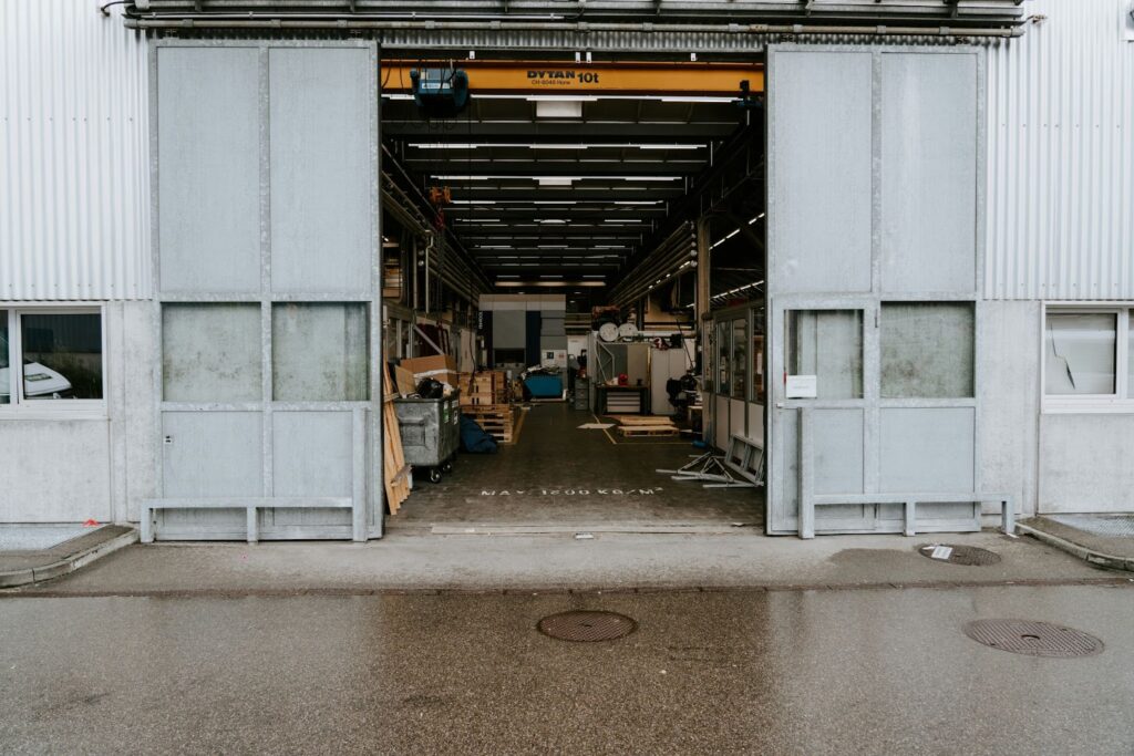 A warehouse with an open door