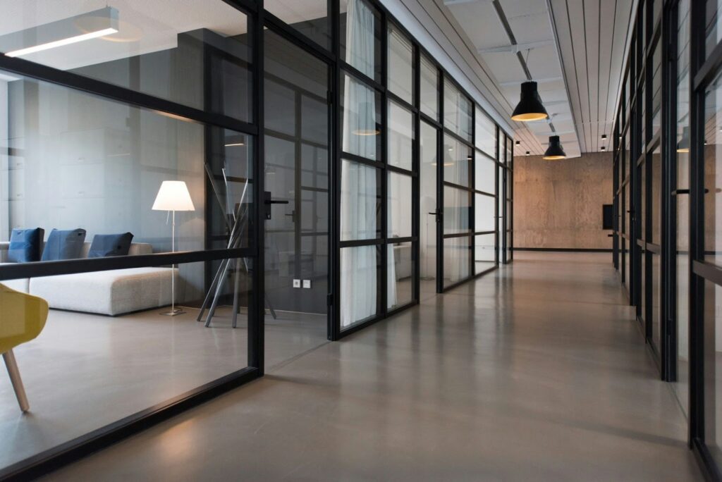Modular commercial building: A sleek business office with glass walls.