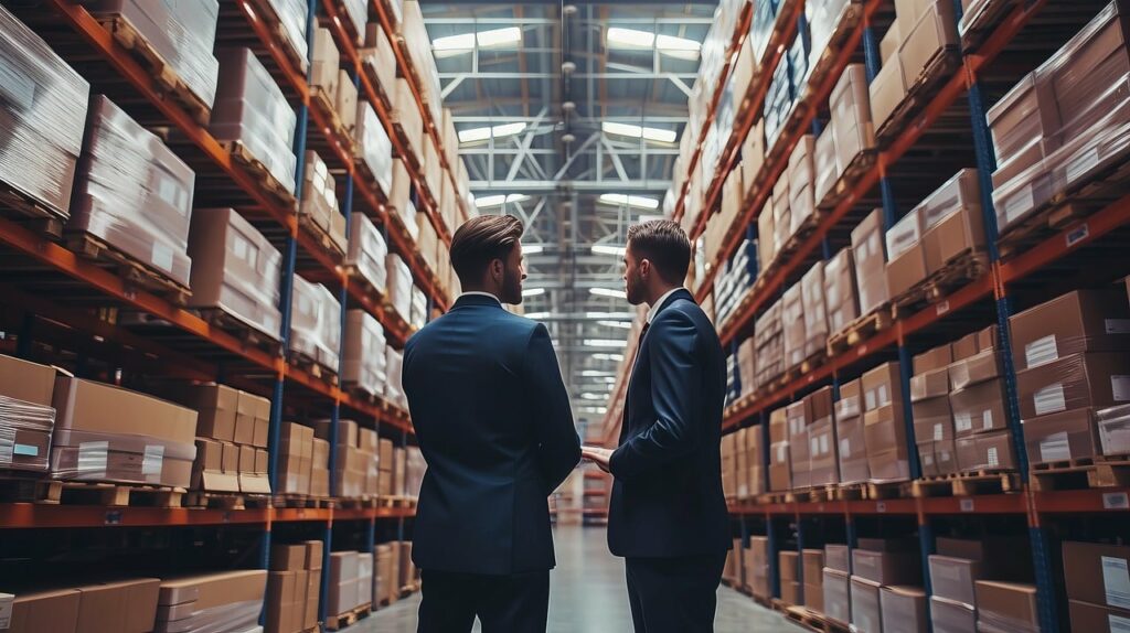 Two businessmen in a warehouse full of goods.
