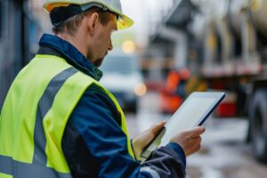 A building contractor looks at a tablet at a construction site.