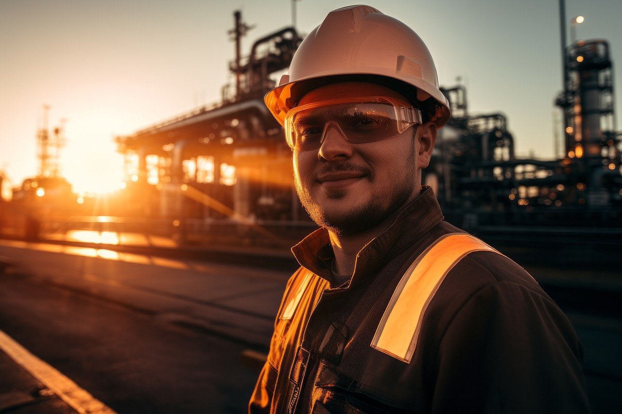 A construction worker stands in front of a building project.