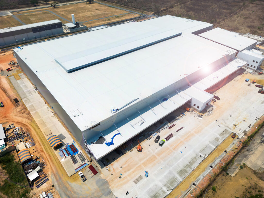 High angle view architectural detail of metal roofing on commercial construction